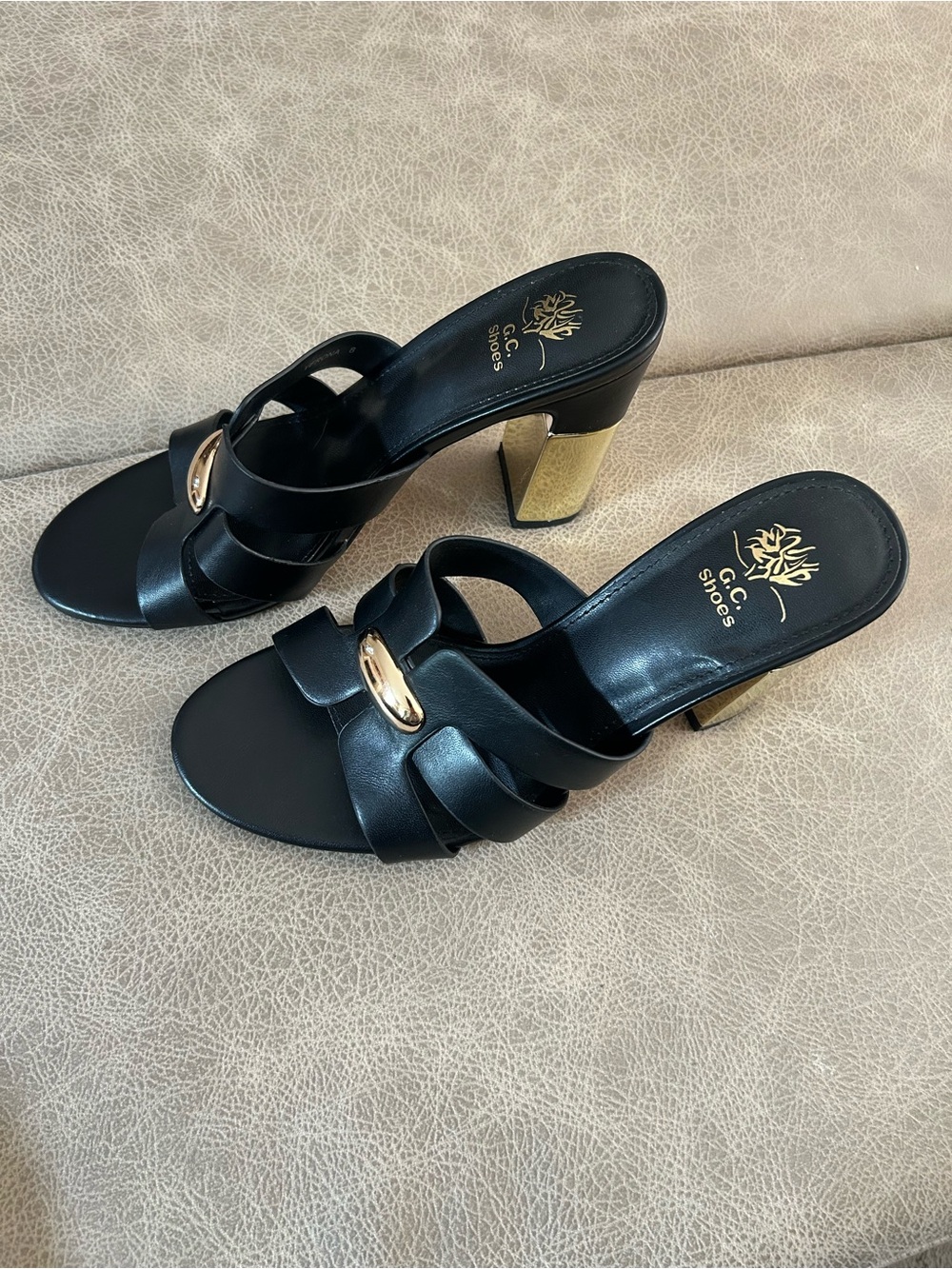 Black Leather Heeled Slide with Gold Block Heel